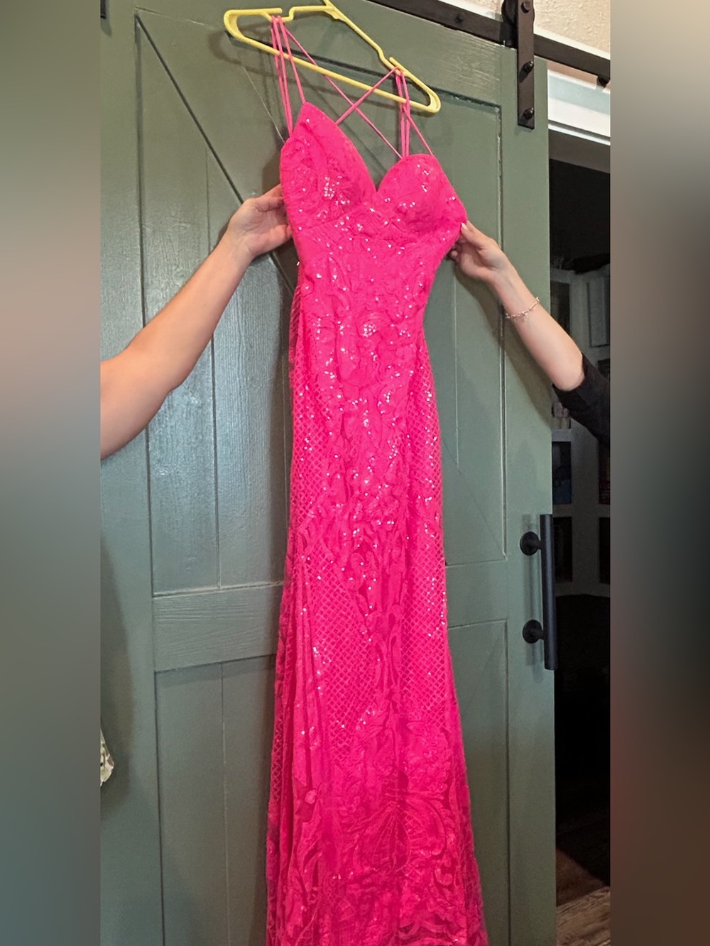 Elegant Hot Pink Sequin Evening Gown/ prom dress